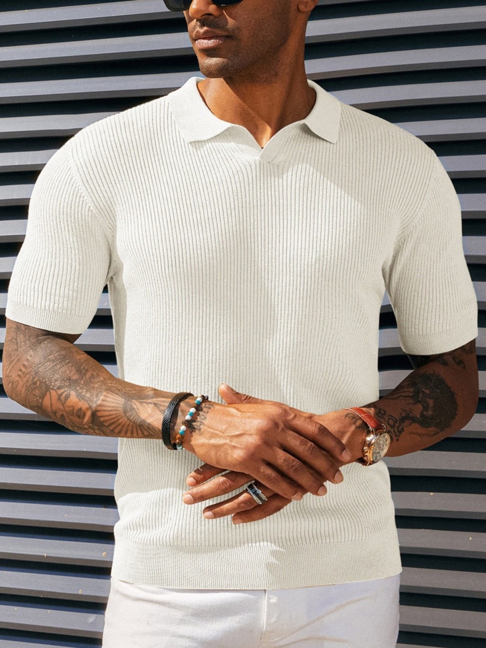 Men's Cream Knit Polo - Short Sleeve Casual Collar